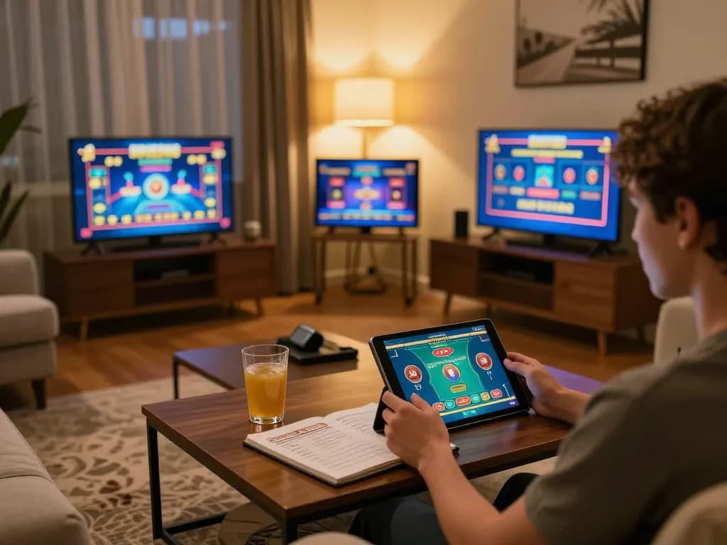Engaged player at home gaming setup exploring trang chủ KONG88 on a tablet with strategies.