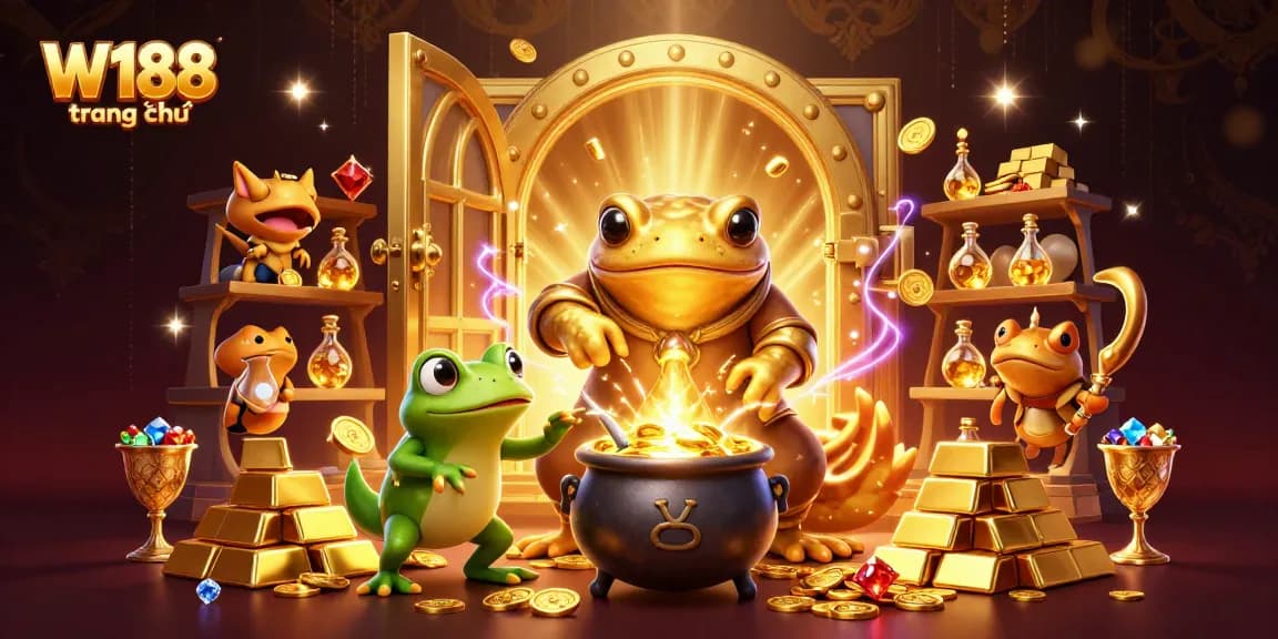 Experience the magic of W188 trang chủ with a dynamic casino illustration bursting with gold!