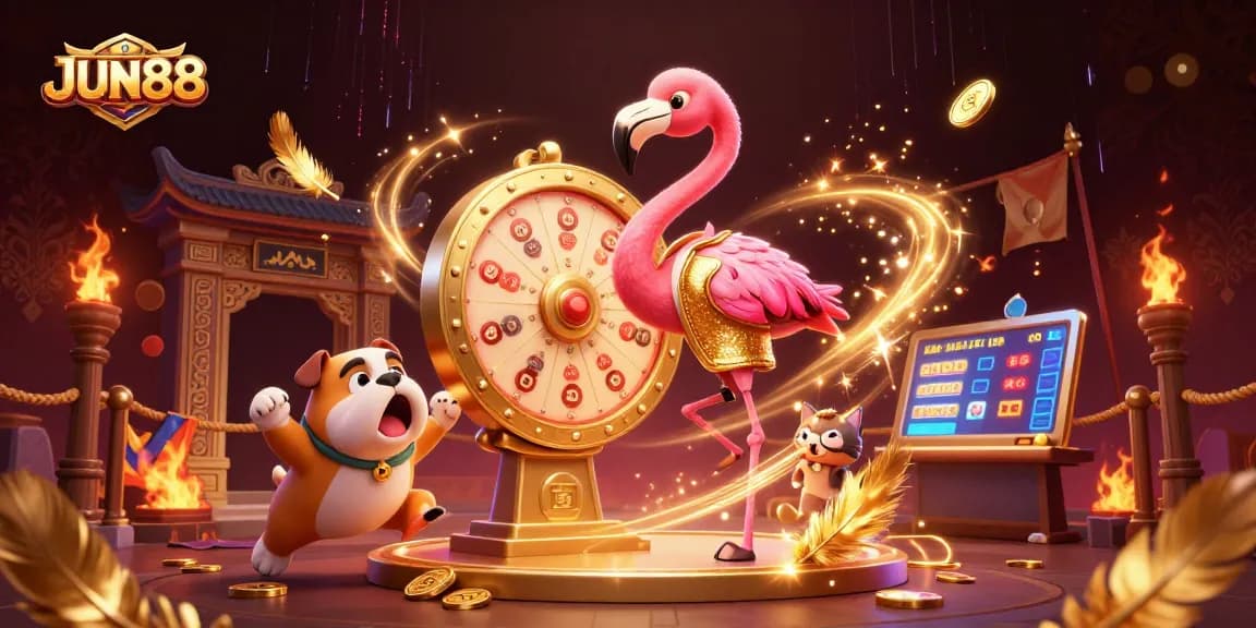 Win big at JUN88 with a game show host flamingo spinning a prize wheel in a vibrant casino scene.