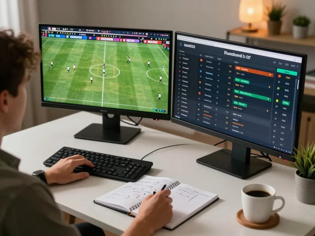 Lode88vi user engaging in online sports betting with dual screens displaying live match odds and strategies.