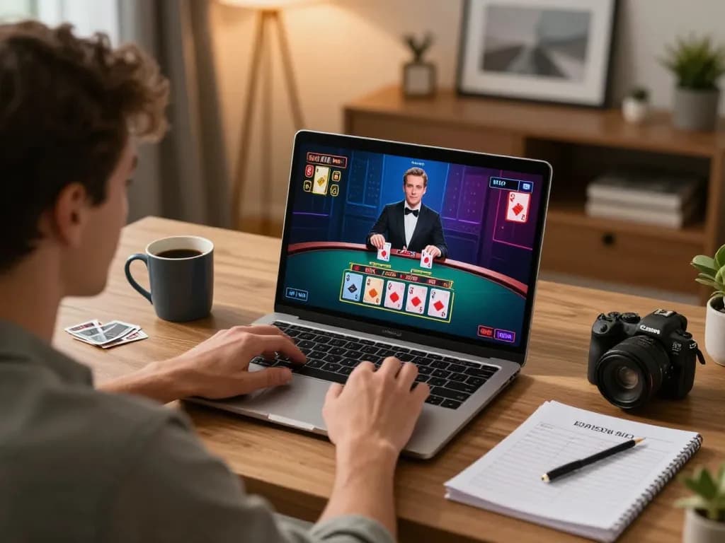 Player enjoying a thrilling vb88 online blackjack game, strategically placing bets on laptop in cozy home office.