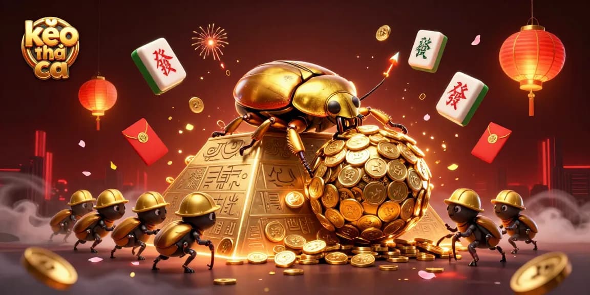 Experience kèo nhà cái in this vibrant 3D casino scene with golden beetles and festive elements.