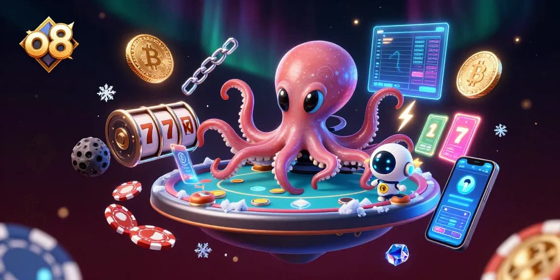 Engage with the exciting world of o8, featuring a lively alien octopus at a holographic poker table surrounded by crypto coins.