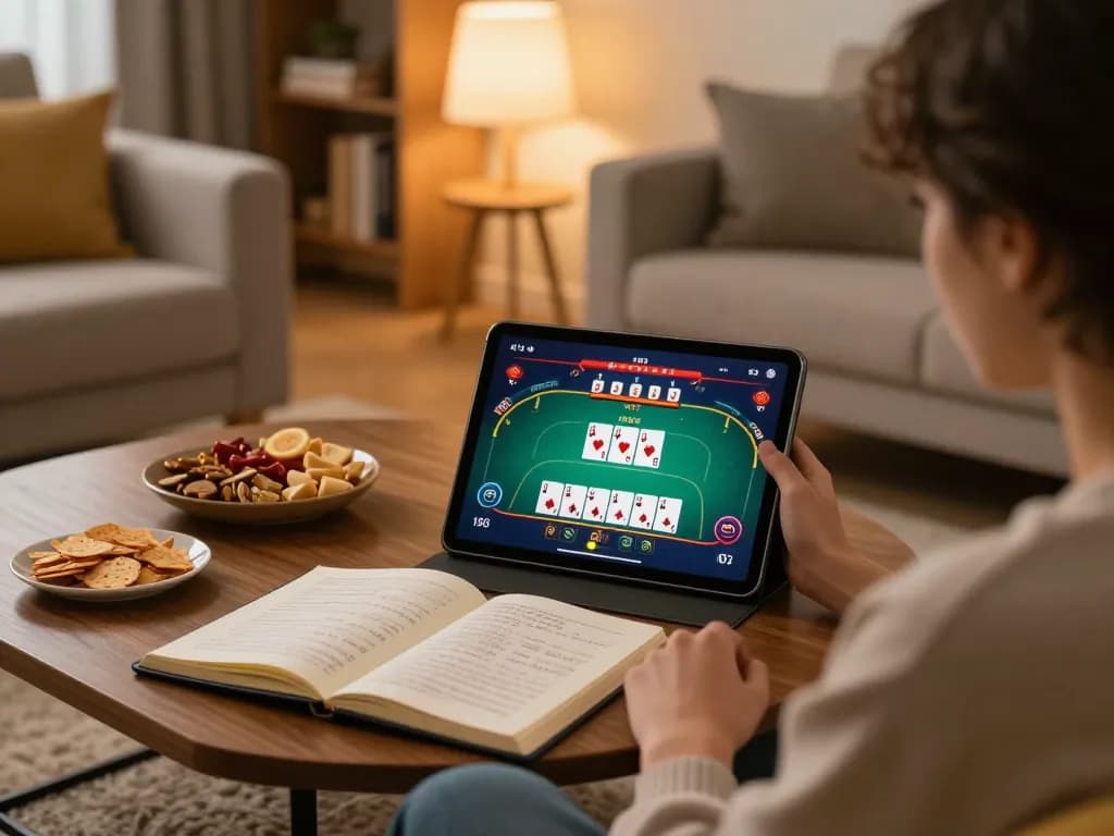 Engaging in online casino gaming on rr88 with a cozy atmosphere and strategic notes.