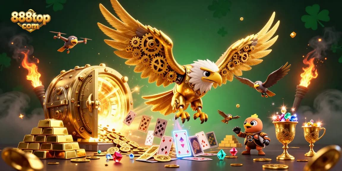 Experience excitement with 888top com as a golden eagle dives through vibrant casino elements.