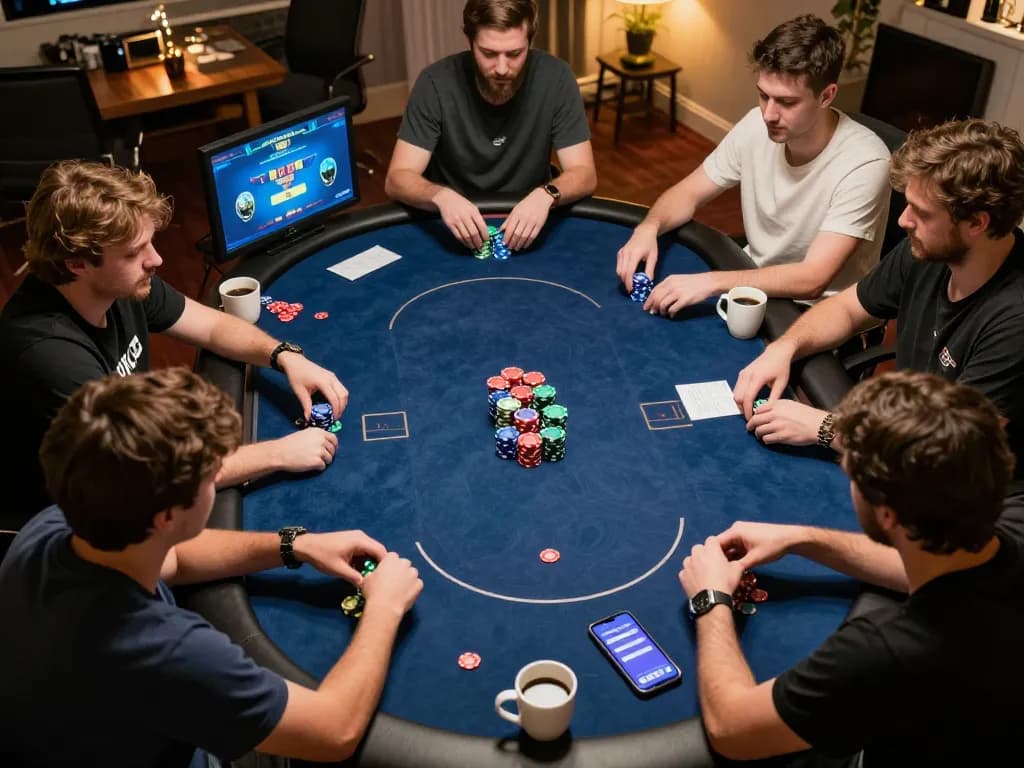 Players strategizing in an intense online poker game at home, highlighting yo88i gaming atmosphere.