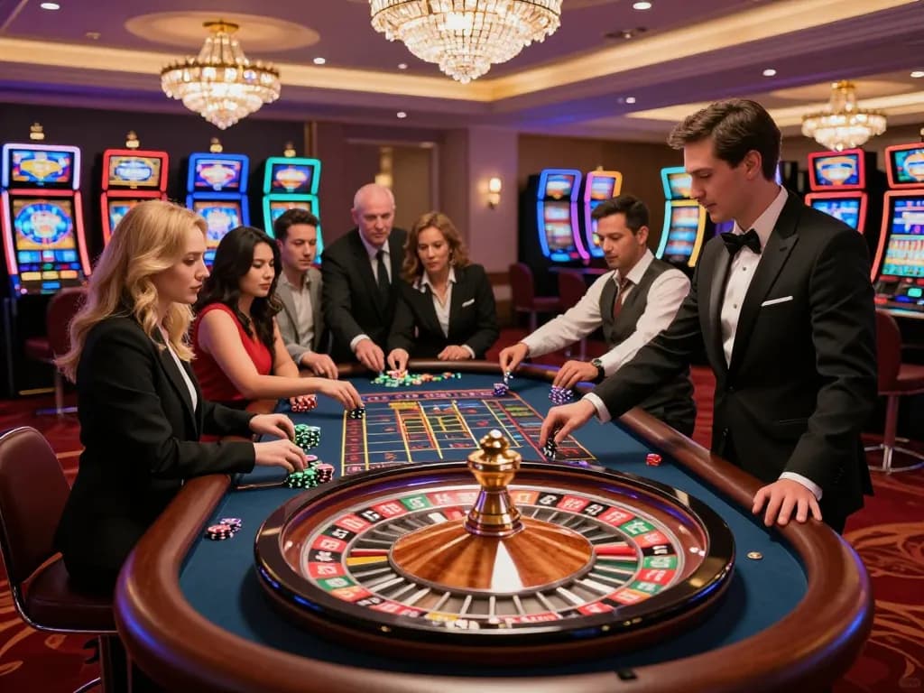 Players engaging at the roulette table in a vibrant casino, showcasing strategic gameplay and excitement of sc8888