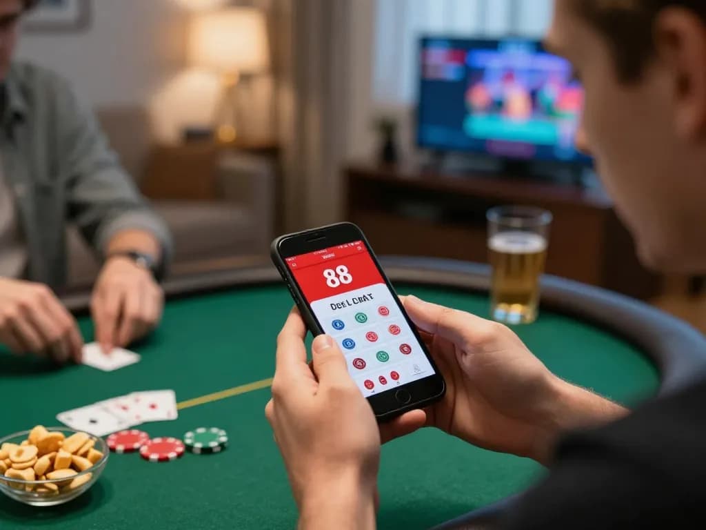 Players enjoying red88 poker on a smartphone in a cozy home setting, highlighting responsible gambling.