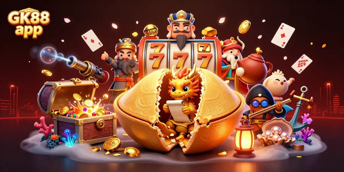 Engage with the GK88 app for dynamic slot gameplay illustrated by a golden fortune cookie and a wise dragon.