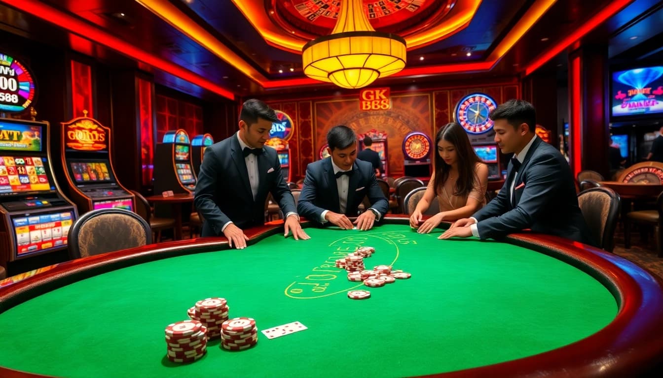 Engaged players enjoy poker at a luxurious casino table depicting GK 88's vibrant environment.