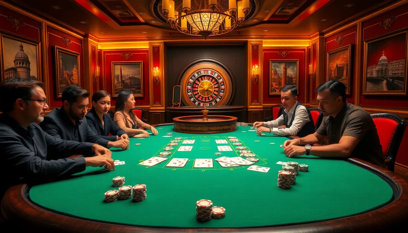 Experience the thrill of online games at https://sky88.tel/ with an exciting poker table scene.