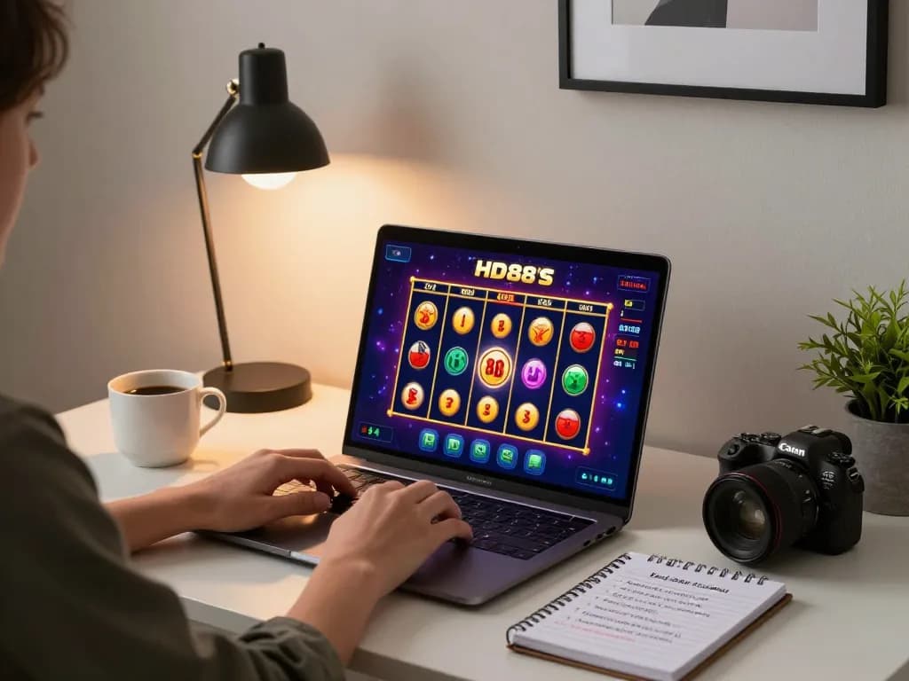 Engaging online gambling experience at HD88 with a player using a laptop in a cozy setting