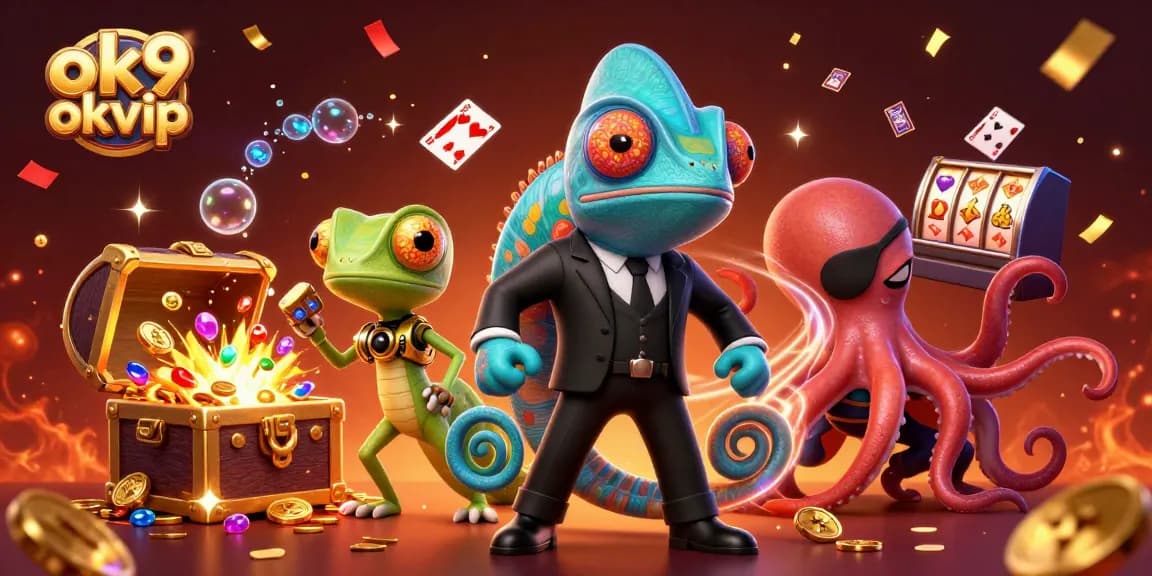 Engage in the world of ok9 okvip with colorful, dynamic casino-themed characters and vibrant treasures.