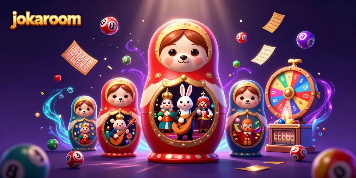 Join the fun at jokaroom with colorful lottery elements and playful 3D characters in this vibrant casino scene.