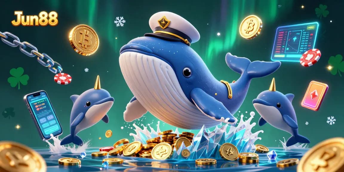 Engage with Jun88 for thrilling casino fun featuring a colorful 3D scene with a whale and poker chips.
