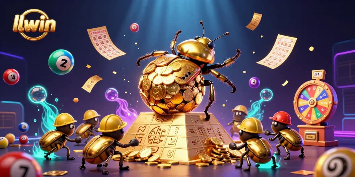 llwin’s vibrant casino world: a golden beetle rolling coins amidst colorful lottery elements and exciting game symbols.