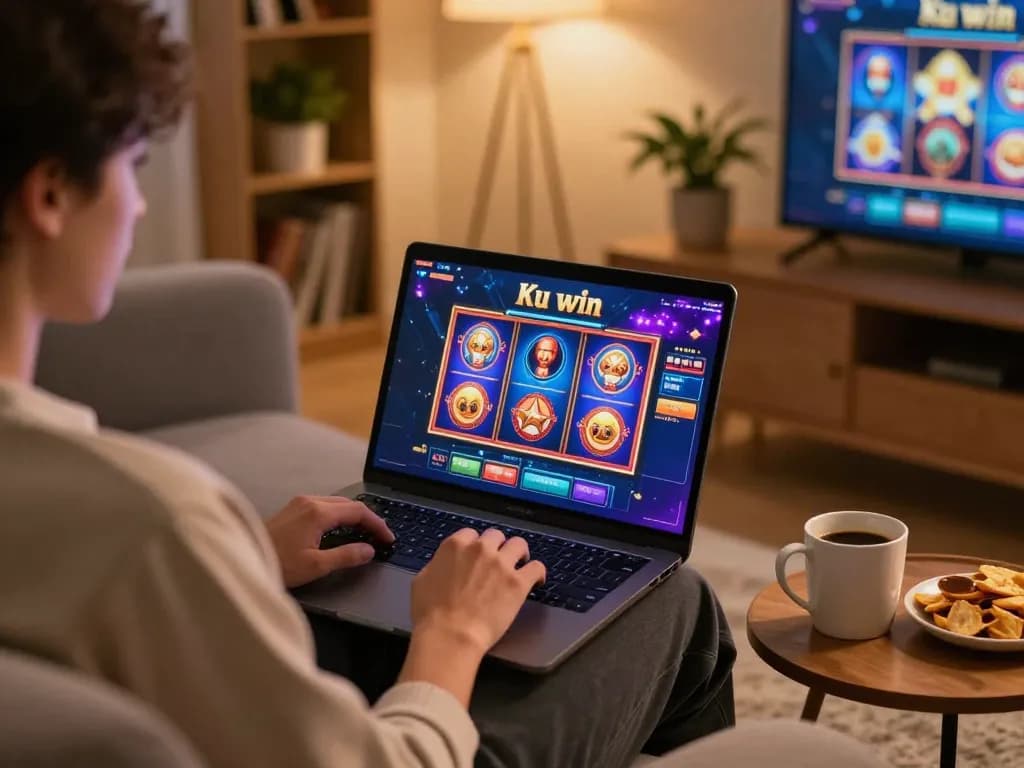 Person enjoying online ku win gaming session on laptop with snacks and warm lighting.