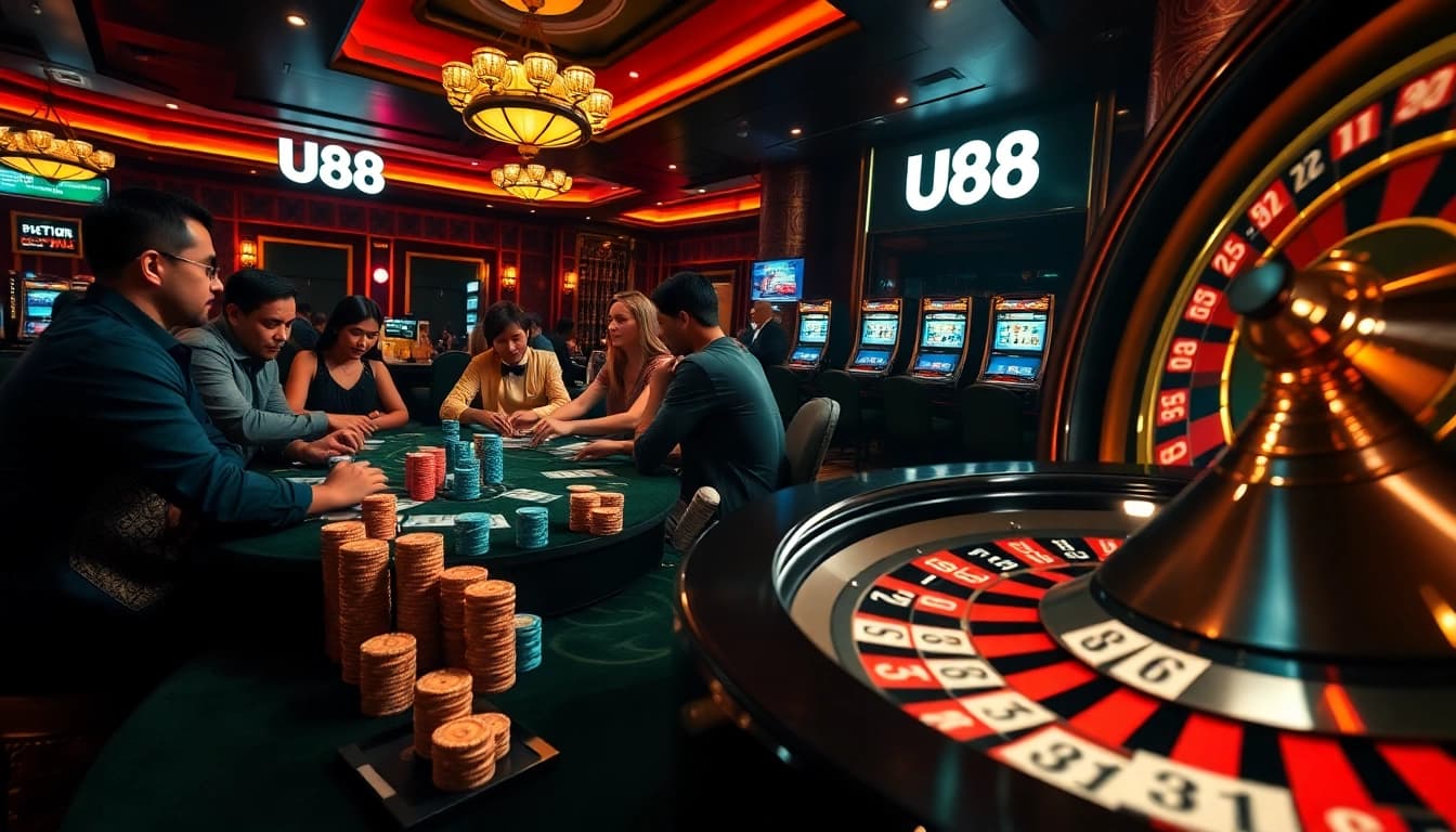 Gamblers enjoying the thrill of poker and roulette at U88 casino, showcasing vibrant chips and cards.