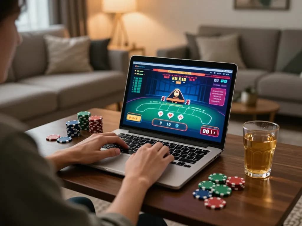 Person enjoying online casino gaming on J88.com in a cozy home setting, surrounded by poker chips.
