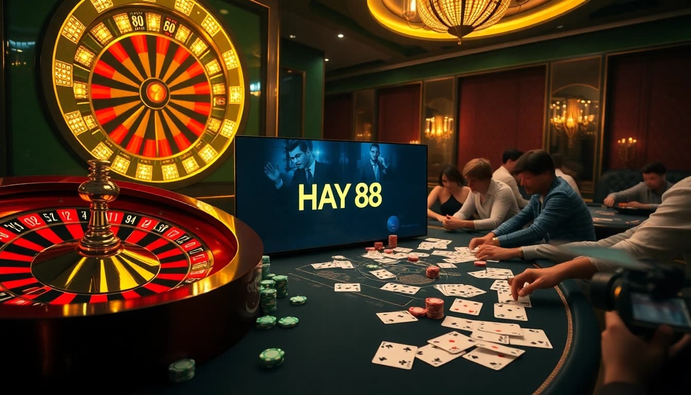 Vibrant casino scene showcasing HAY 88 with players strategizing at a roulette wheel.