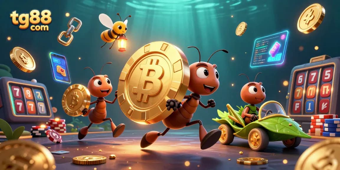 Engage in thrilling gameplay with tg88 com as cartoon ants carry a giant poker chip.