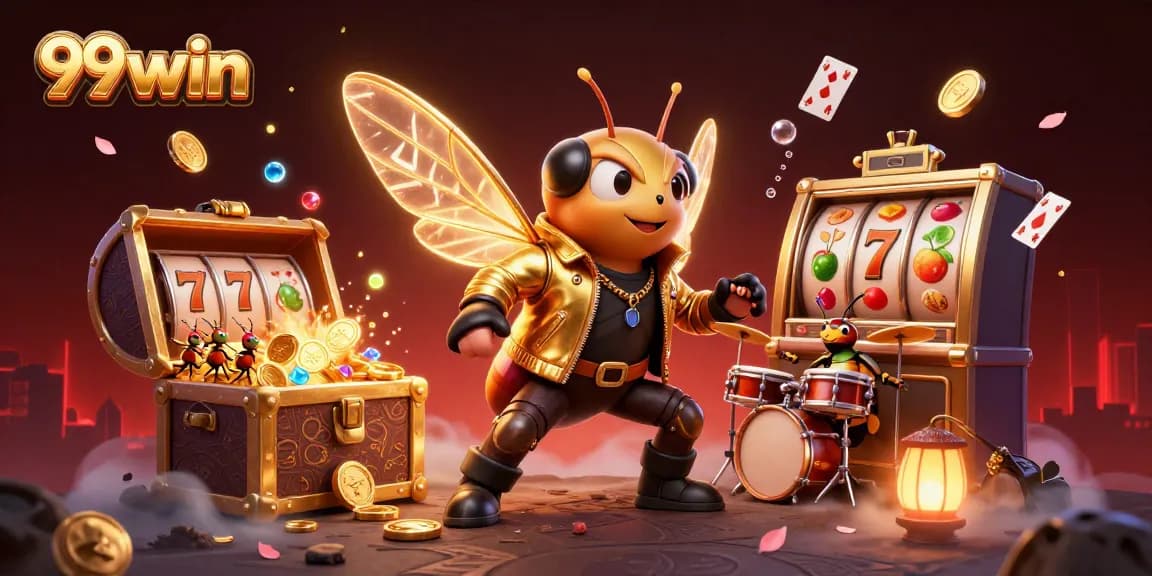 Engage with 99win's vibrant casino world featuring a rock star, drummer, and slot elements.