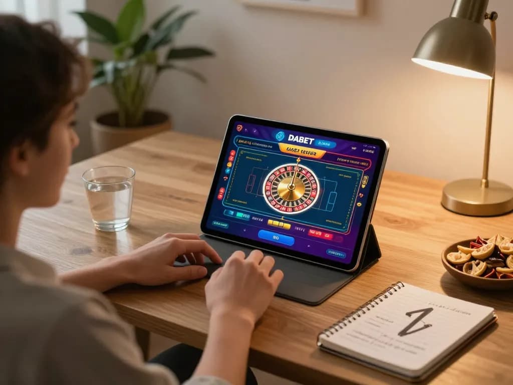 Dabet player enjoying a roulette game on tablet in a cozy home setup