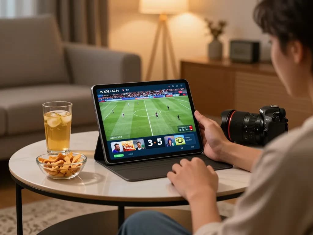 Xôi lạc tv showing live football action on a tablet in a cozy living room setting