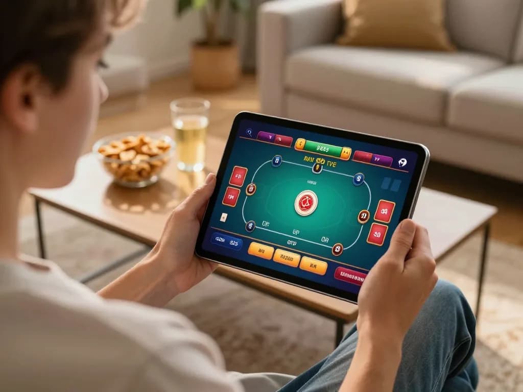 Player actively exploring okfun online casino games in a cozy home setting with vibrant graphics.