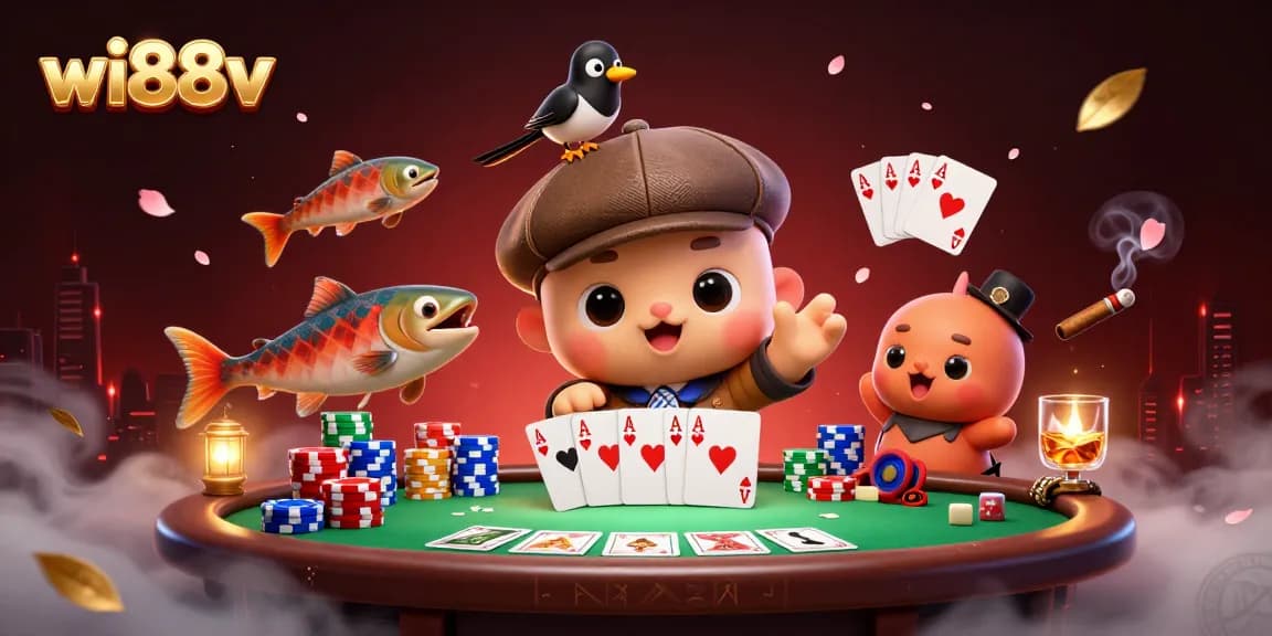 Engage with thrilling poker action in a vibrant 3D illustration featuring wi88v's playful characters.