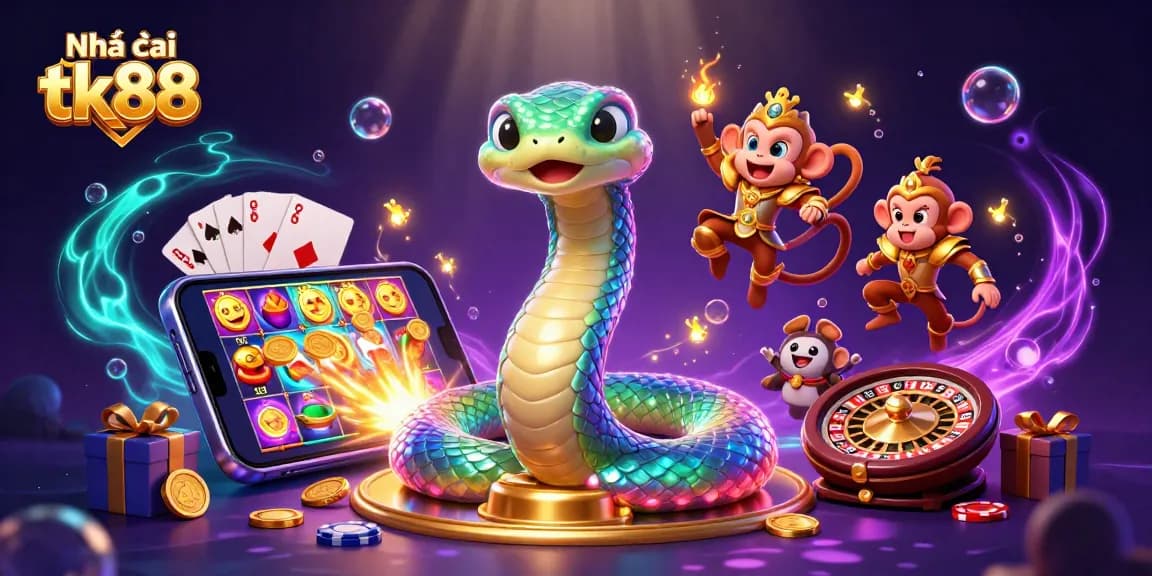 Engaging scene of Nhà cái tk88 featuring a rainbow serpent and monkey king amidst vibrant slot game elements