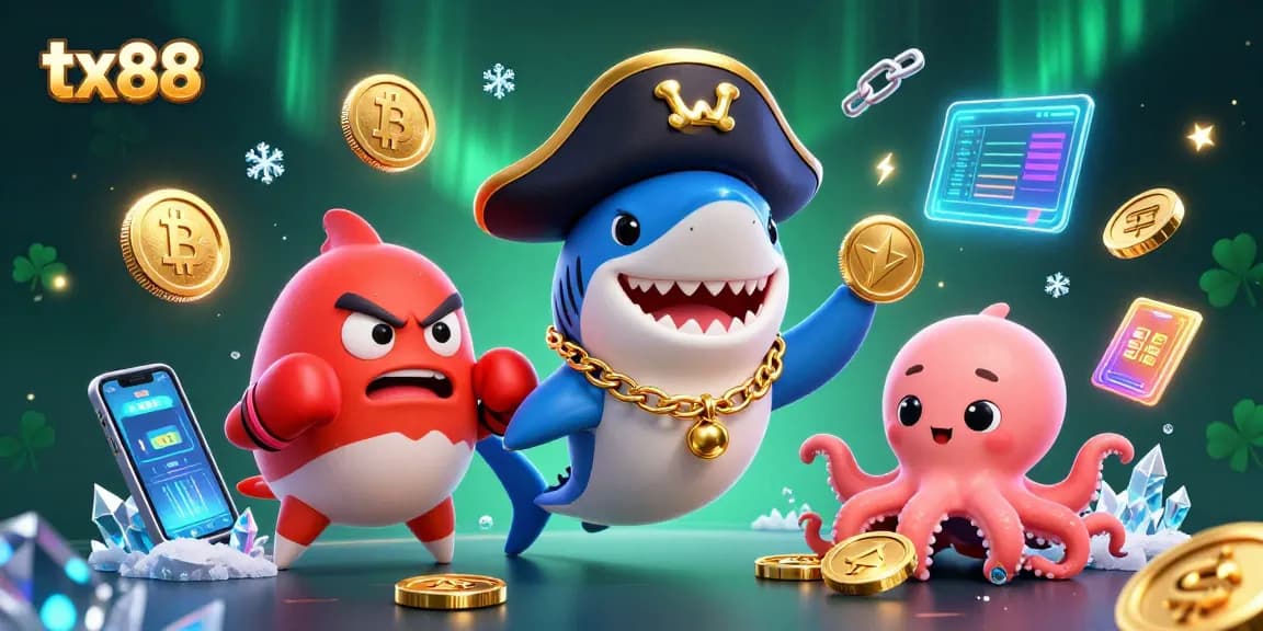 Engage in thrilling gaming experiences with tx88, featuring a pirate shark, pufferfish, and octopus amidst colorful casino elements.