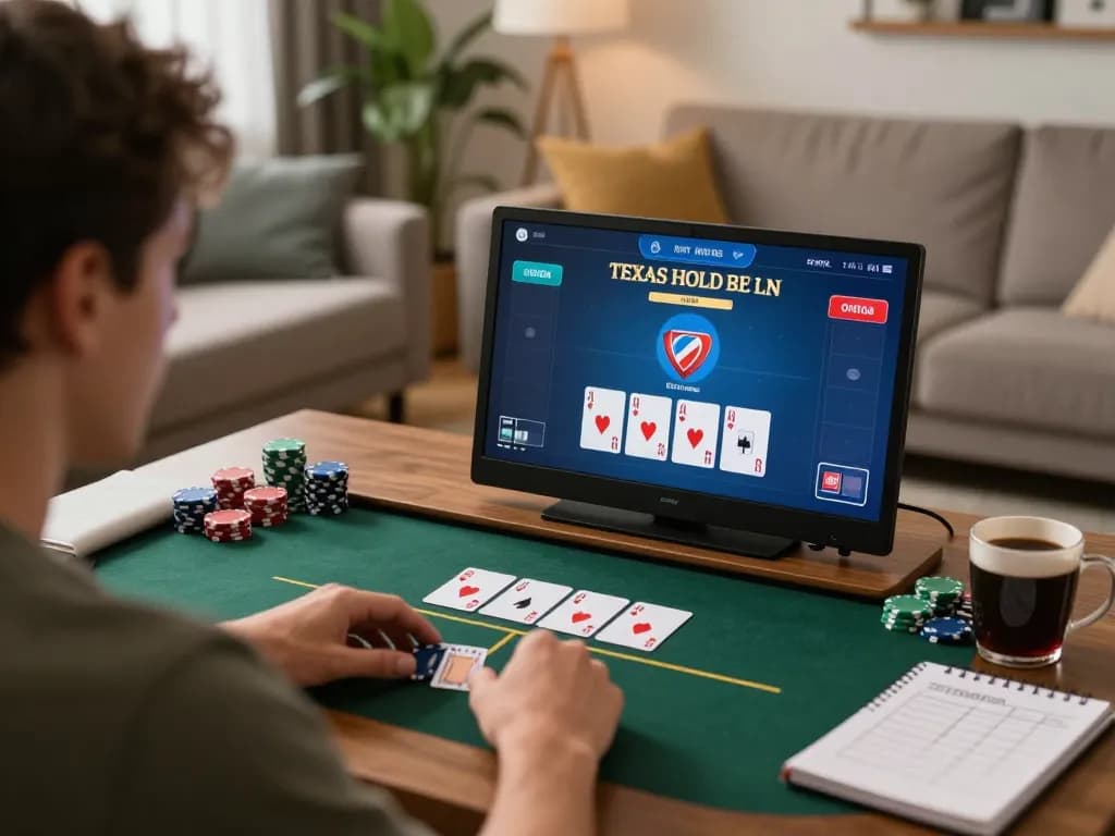 Player enjoying a poker game on ku88q from home, showcasing strategy notes and cozy environment.