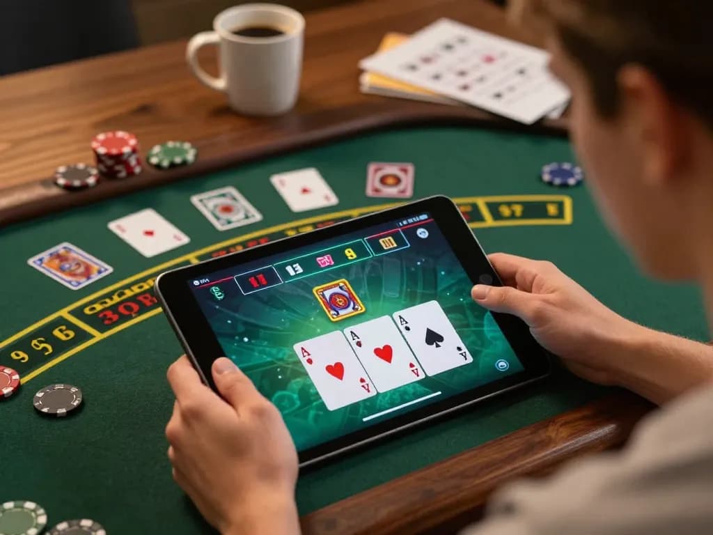 Engaging home gamer using FUN79 COM for blackjack on tablet while tracking strategies