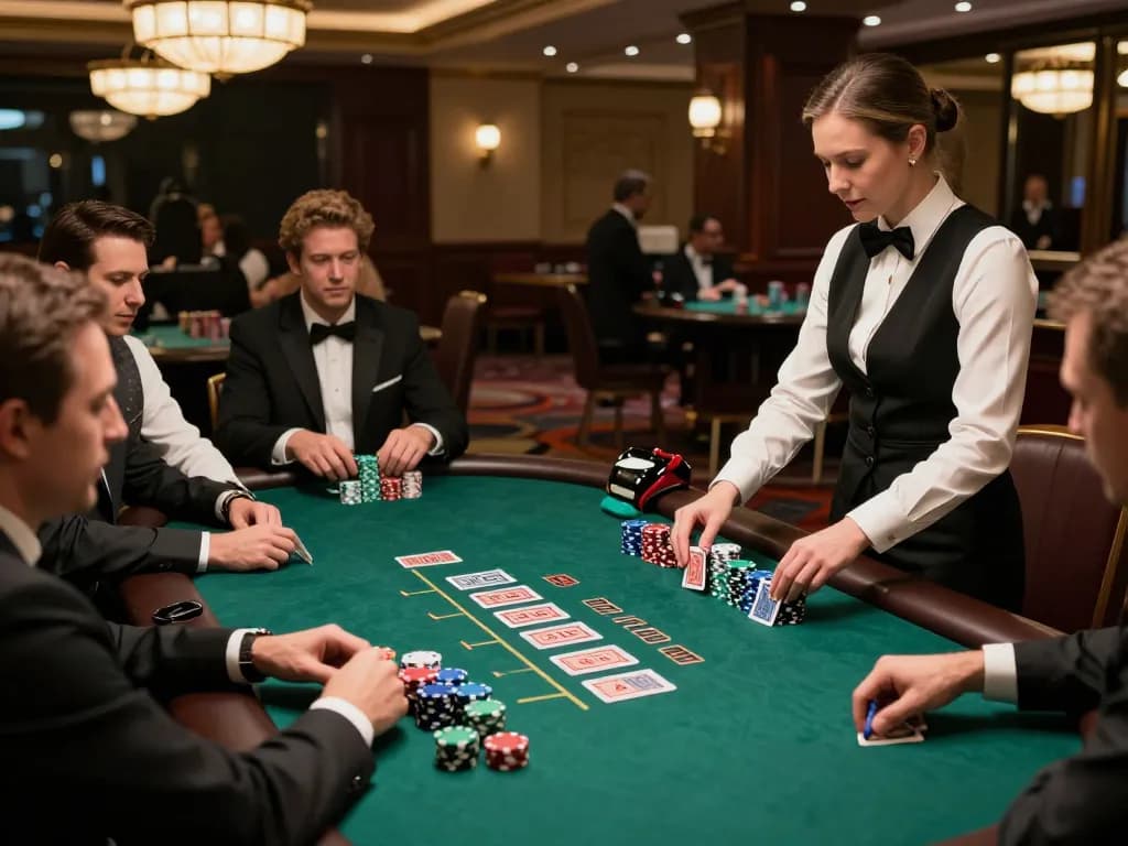 Experience the thrill of lode88 blackjack with players engaged at a luxury table in a vibrant casino