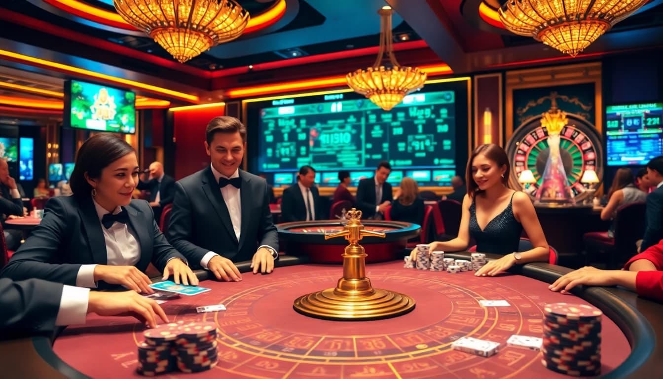 Action-packed scene of an engaging live casino at https://8live.date/ featuring players and dealers at the table.