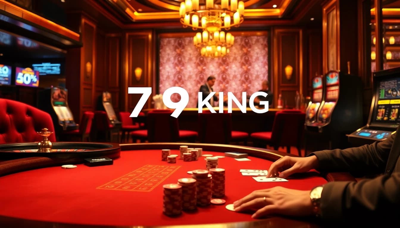 A high-stakes poker game at a luxurious casino featuring 79KING chips amidst a vibrant atmosphere.