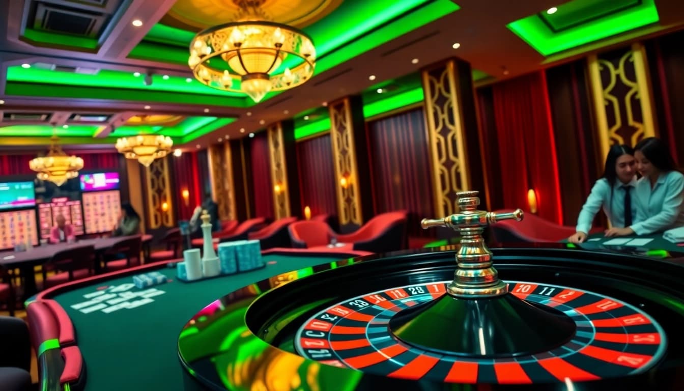 An exciting online gaming experience at https://8kbetbh.com/ with cards, chips, and a roulette wheel in a luxurious casino atmosphere.