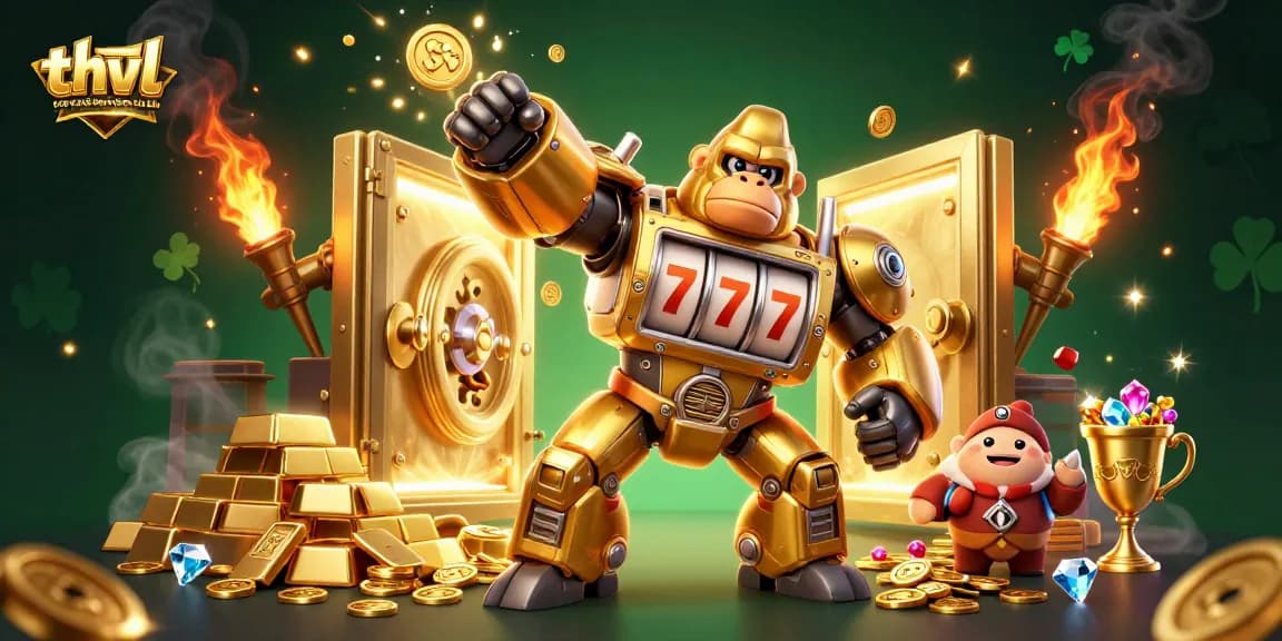 Experience thvl trực tiếp bóng đá thay thế with dynamic slots elements, showcasing a vibrant gorilla mech amidst gold treasure.