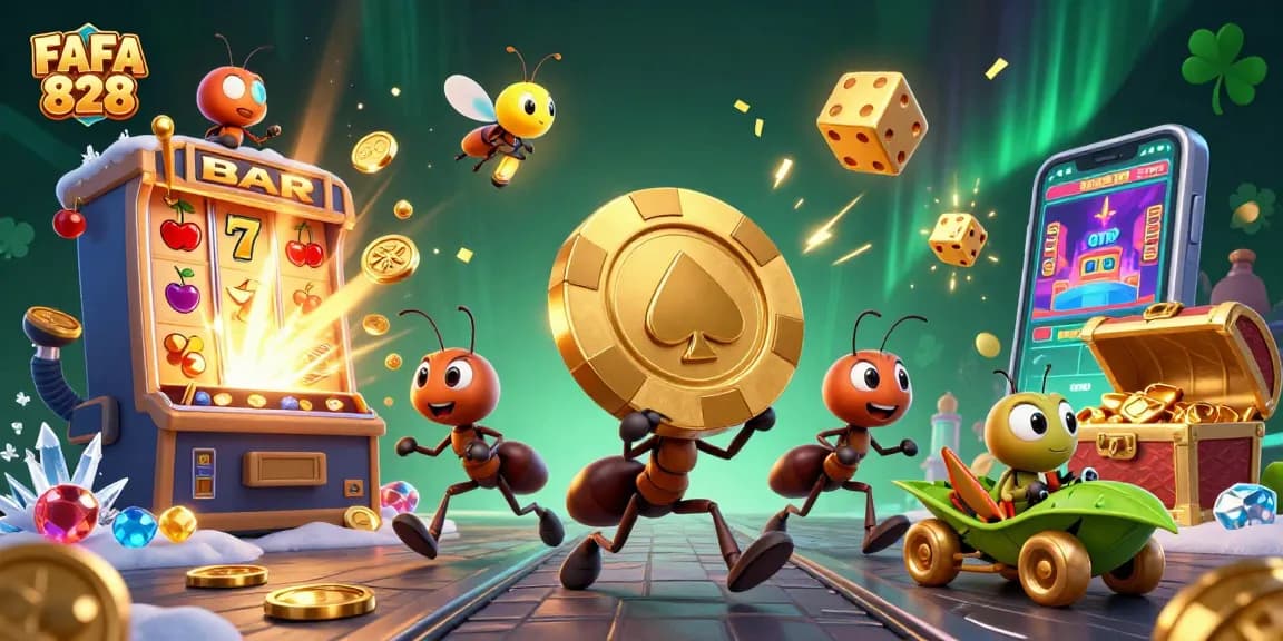 Engage with FAFA 828 as ants orchestrate a thrilling heist amidst vibrant casino elements.