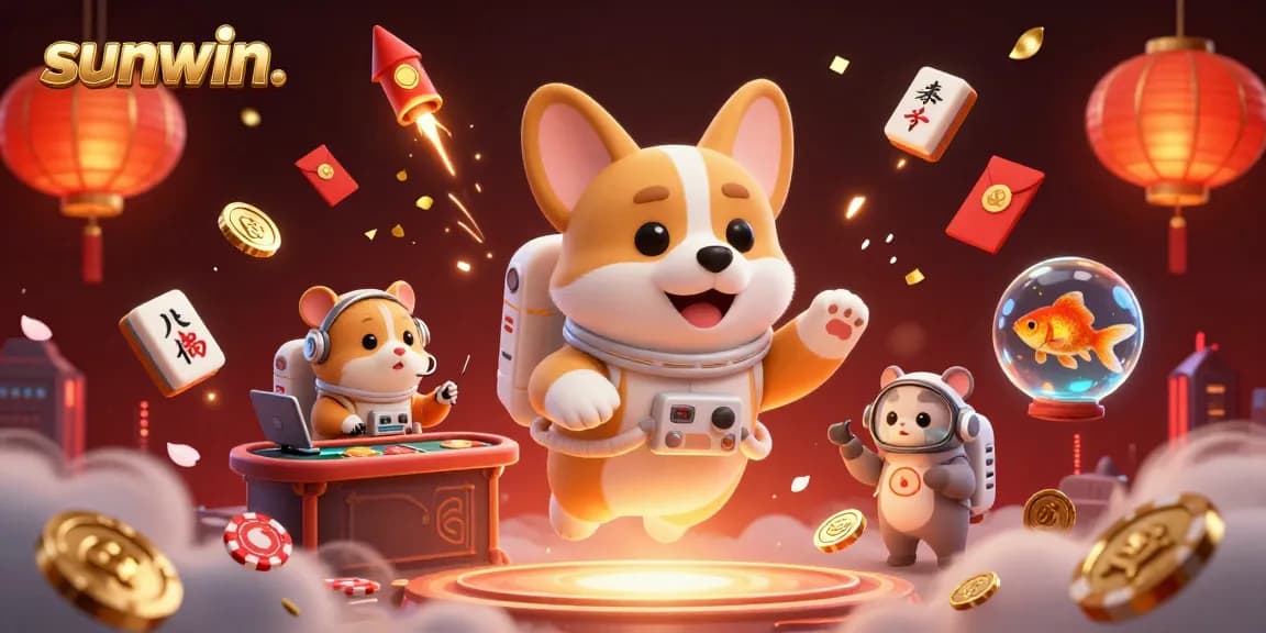 Play and win at Sunwin. Engaging 3D casino scene filled with vibrant characters and floating game elements.