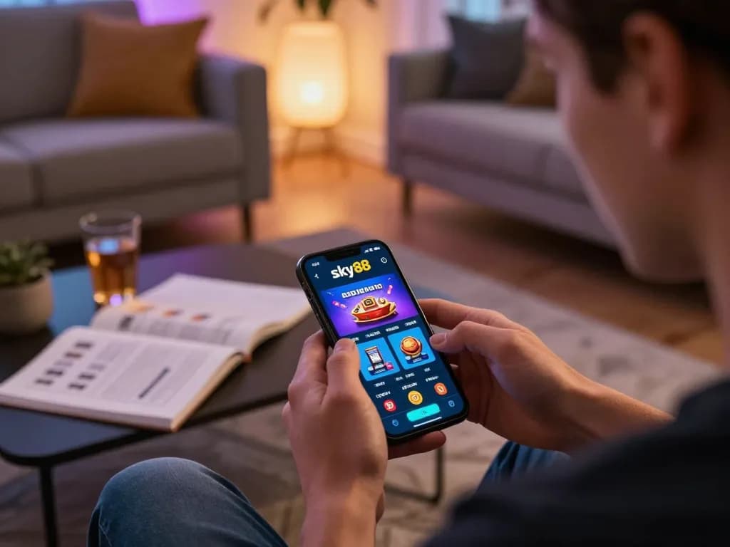 Engaged player using sky88 casino app on smartphone, surrounded by strategy notes in cozy setting