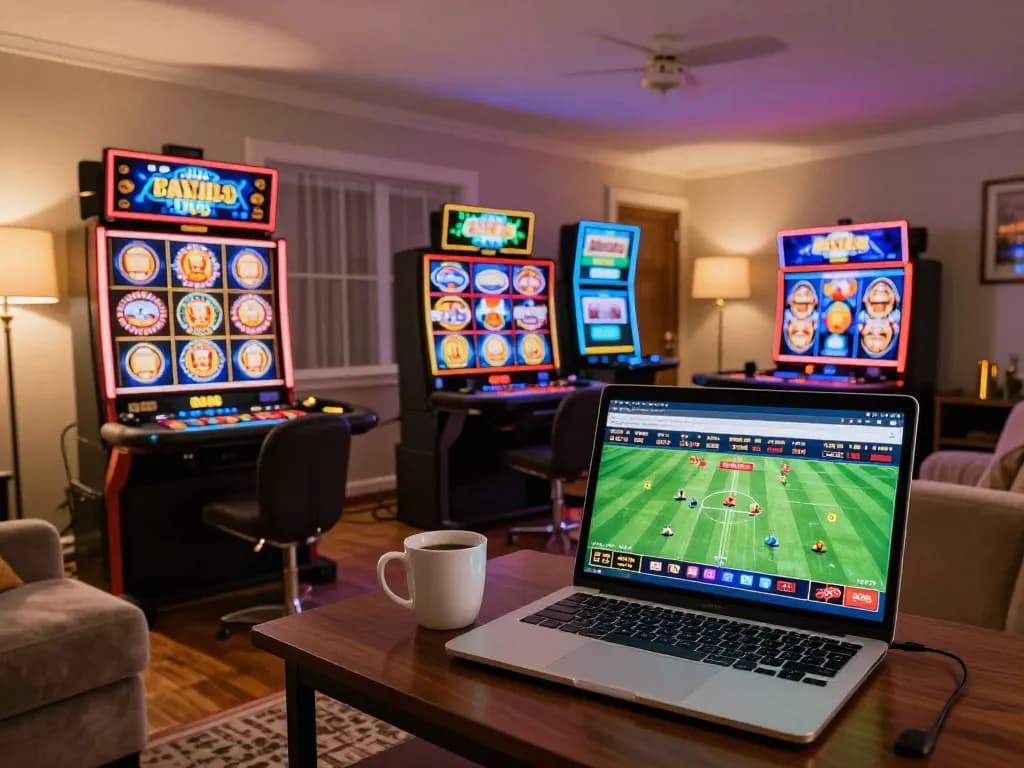 Playing Lu88 com online casino games in a cozy home setting with laptop and coffee mug