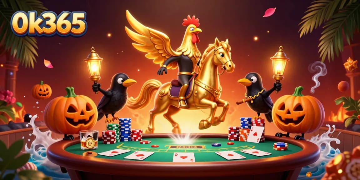 Engage with the thrilling atmosphere of 0k365 in this vibrant casino illustration featuring a golden rooster and poker elements.