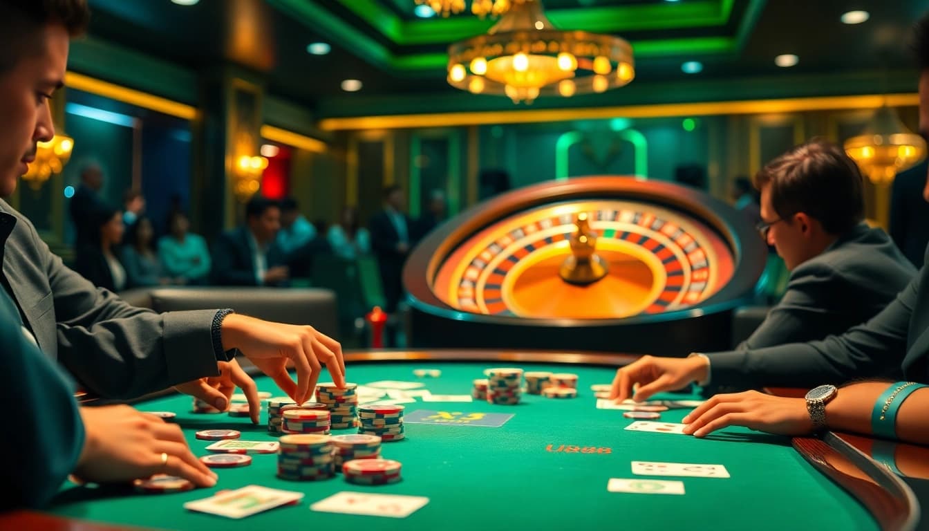 Experience the excitement of U8888 with players at a high-stakes poker table in a luxurious casino.