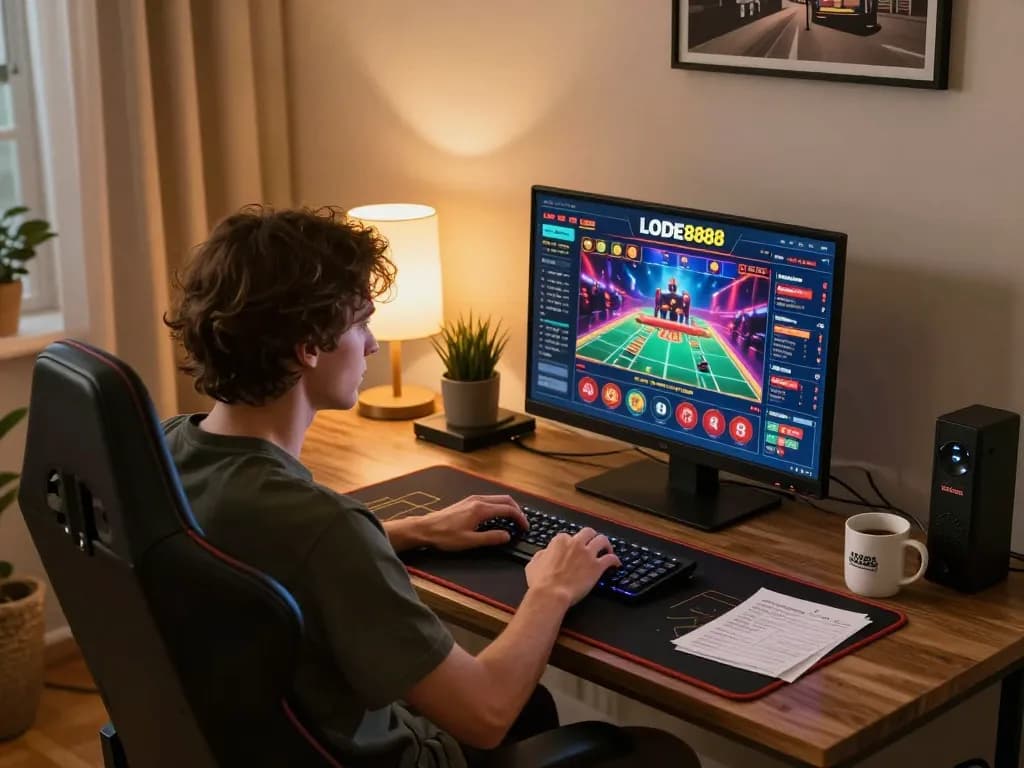 Active user engaging with LODE888 online casino interface from a welcoming home setup, emphasizing strategic gaming