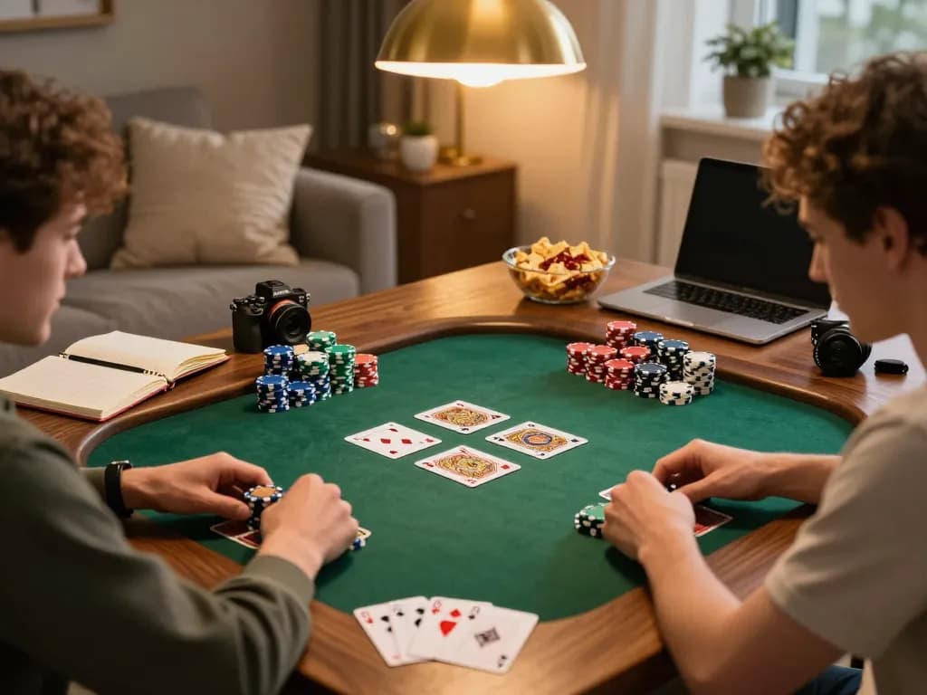 Couple engaging in a friendly poker game at home with strategies in focus while enjoying a cozy atmosphere, fabet promotes interactive gaming.