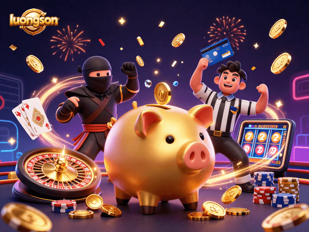 Experience thrilling action with luongson tv illustrated by a golden sumo wrestler and a ninja in a vibrant casino setting.
