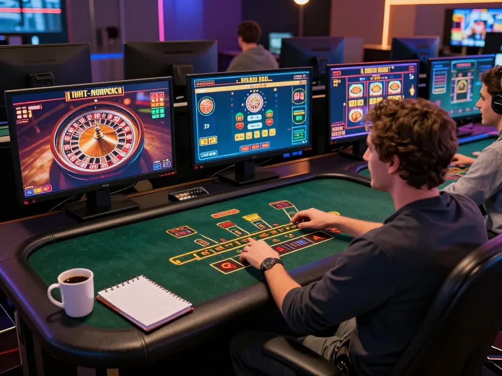 Player engaging with DA88's online casino games on multiple screens, highlighting strategic gameplay.