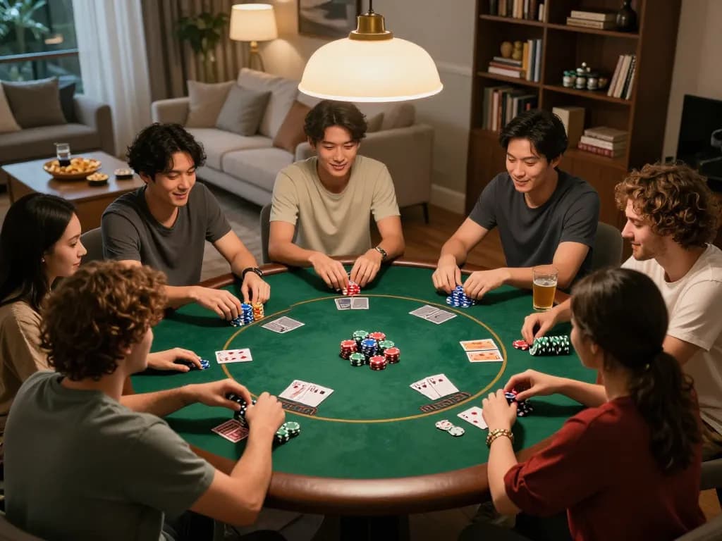 Friends enjoy a fun poker game night, showcasing ta88 gaming spirit with cards and snacks present.